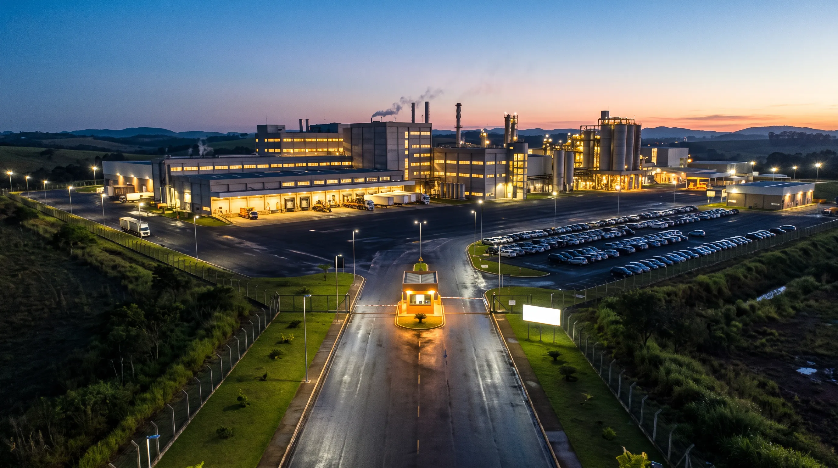 Acesso a um complexo industrial ao amanhecer, com os galpões iluminados por dentro, docas de carga acesas e o estacionamento cheio.