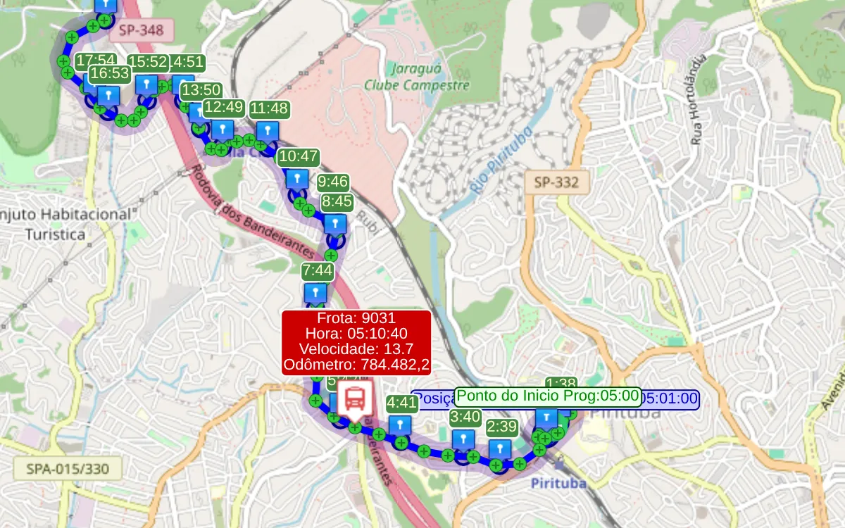 Playback de viagem sobre o mapa: o traçado percorrido pelo veículo com o horário registrado em cada ponto de embarque, o marcador do início programado e um balão com a frota, o horário, a velocidade e o odômetro no instante selecionado.