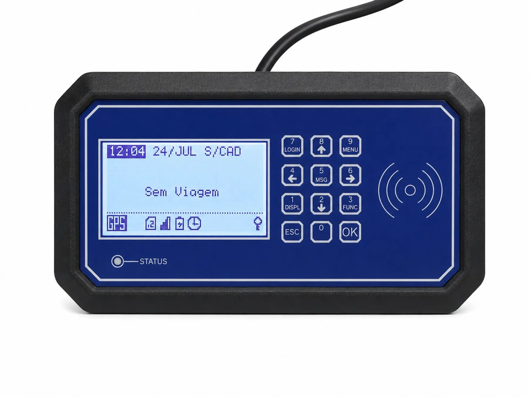 Terminal embarcado da Bustrak: visor com data, hora e estado da viagem, teclado numérico com teclas de login, menu e mensagem, e área de leitura de cartão por aproximação.